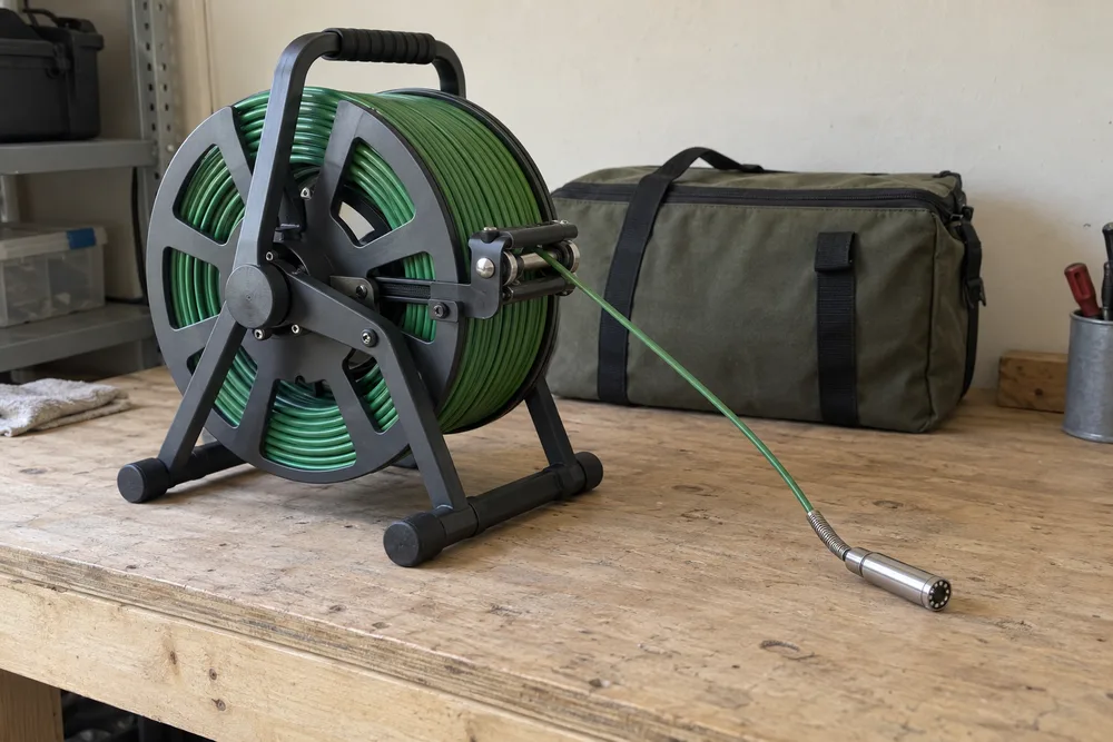 Sewer camera reel with the connected inspection head